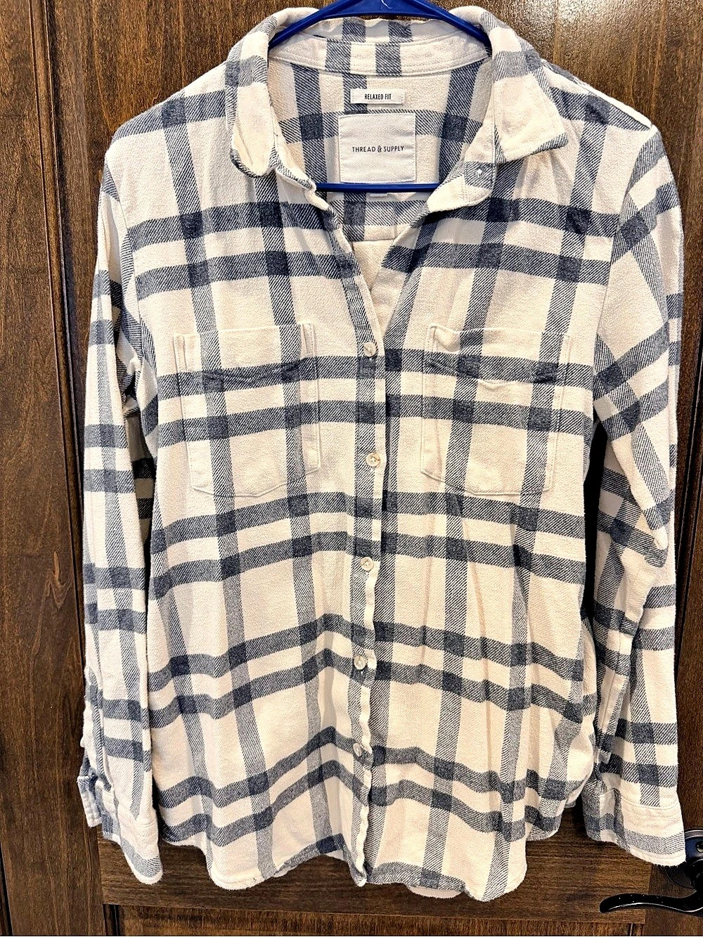 Thread & Supply Grey Ivory Plaid Button Down Cotton Shirt Size Small